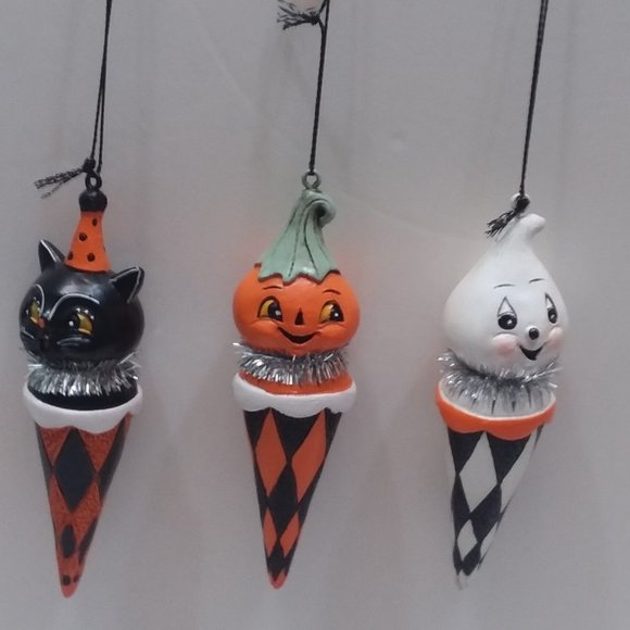 Johanna Parker Halloween Cone Ornaments - Black Cat, Ghost & Pumpkin - Set of 3 - Picture 2 of 2